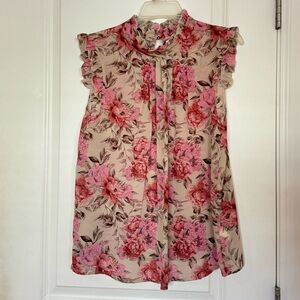Womens XL Pink and cream floral ruffle neck blouse